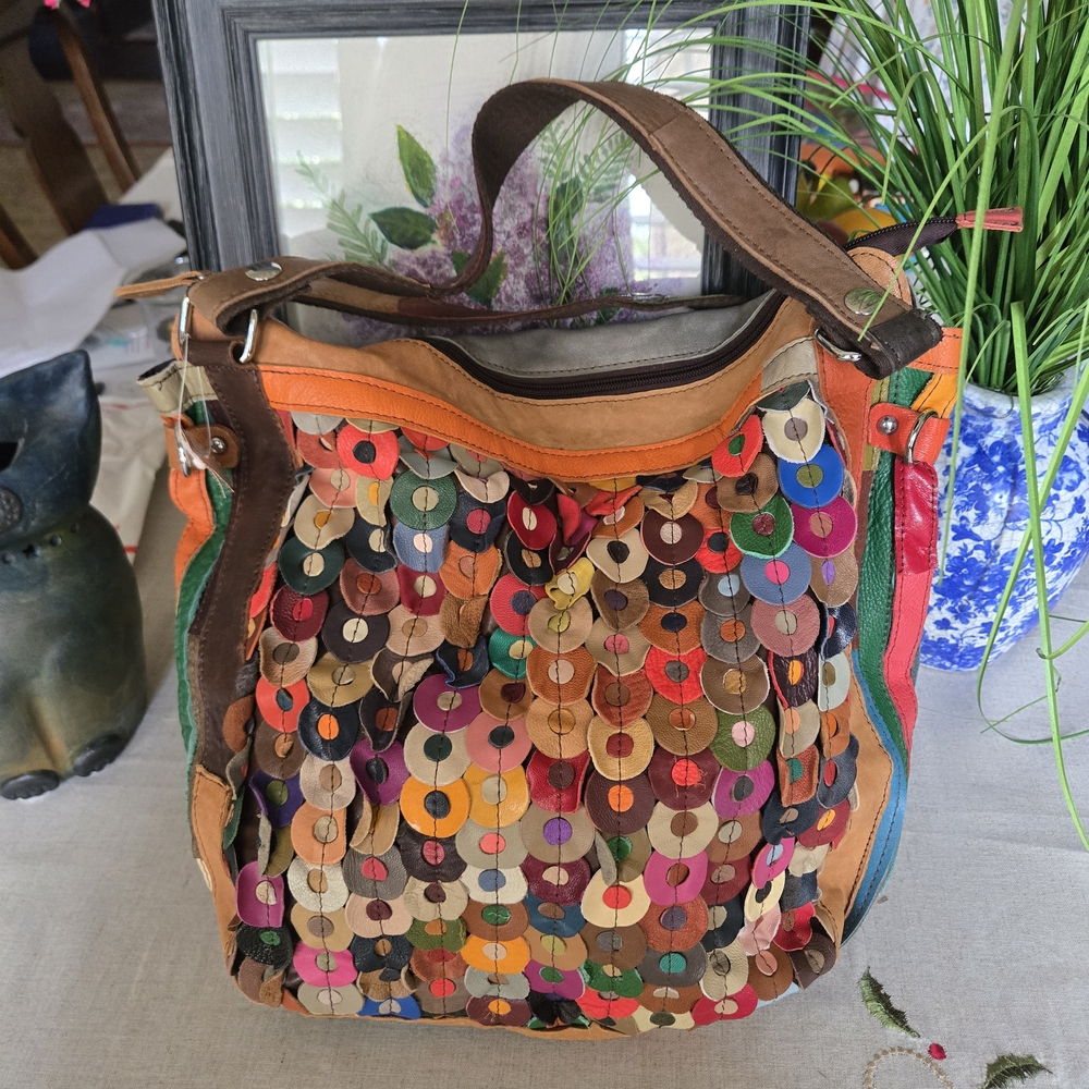 Multicolor Leather Sequin Patchwork Shoulder Bag